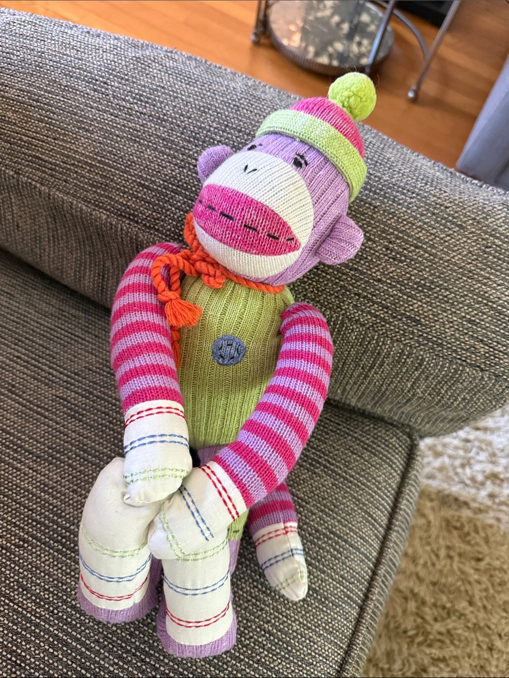 Colorful Striped Sock Monkey Plush - Pink, Purple & Green